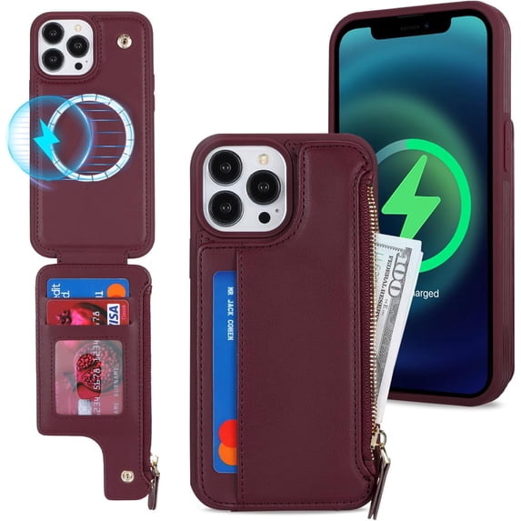 for iPhone 15 Pro Magsafe Case with Card Holder,Wallet Phone Case for Women,Zipper PU Leather Cover,Snap Clasp,Cute Purse Gift for iPhone 15 Pro 6.1" (Wine Red)