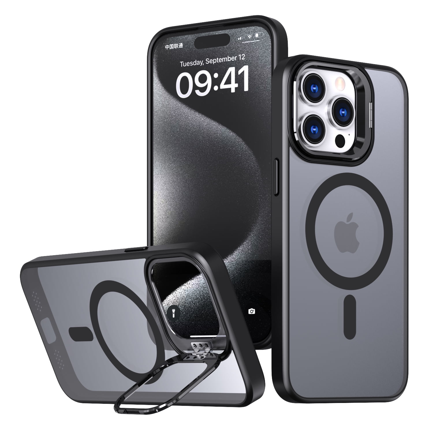 for iPhone 15 Pro Matte Ultra Slim Protective Case with Camera Cover  Kickstand, Translucent MagSafe Compatible Translucent Wireless Charging  Phone Case for iPhone 15 Pro, Black - Walmart.com