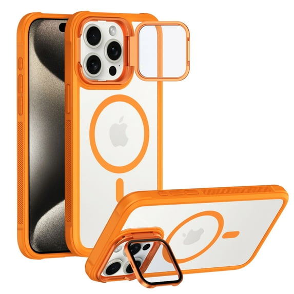 for iPhone 15 Pro Max Acrylic Hard Stand Case, Full Body Camera Lens Protector Clear Cover Compatible with MagSafe, Shockproof Protection Magnetic Phone Case for iPhone 15 Pro Max, Orange