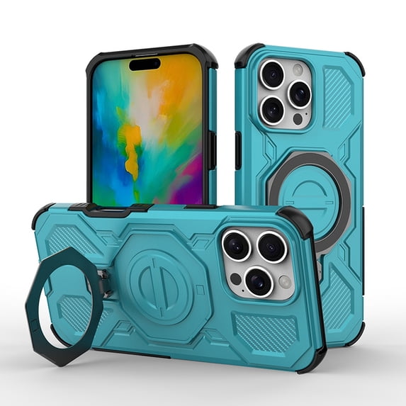 for iPhone 15 Pro Max Armor Case with Aluminum PC+TPU Hybrid, Magnetic Ring Kickstand Holder, Shock-Resistant Lightweight Non-Slip Protective Cover, Wireless Charging Compatible Design, Green