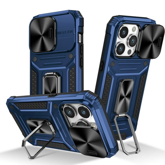 for iPhone 15 Pro Max Armor Case, Military-Grade Drop Protection, with Slide Camera Cover & Multi-angle Kickstand, Built-in 360° Rotating Magnetic Stand Rugged Case For iPhone 15 Pro Max, Navyblue