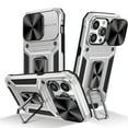 thumbnail image 1 of for iPhone 15 Pro Max Armor Case Stand, [Built in Kickstand & Slide Camera Cover] Military Grade Drop Protection Shockproof Hard PC Heavy Duty Bumper Phone Case For iPhone 15 Pro Max, Silver, 1 of 10