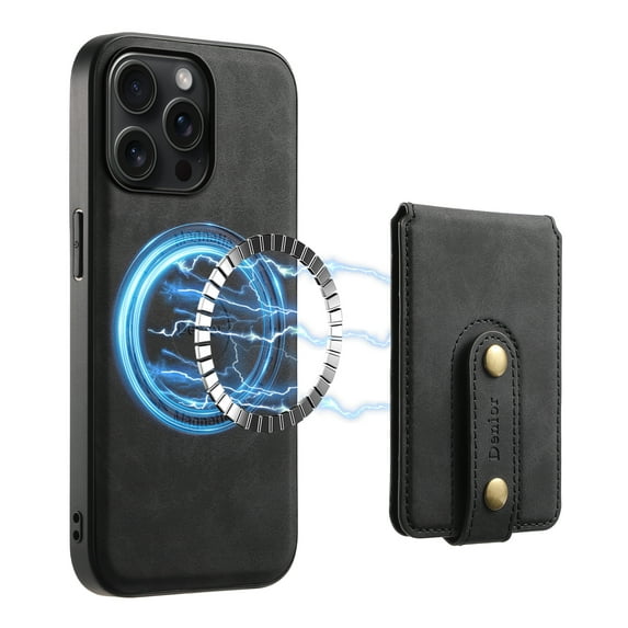 for iPhone 15 Pro Max Back Case, PU Leather Detachable Card Slot Magnetic Closure Shockproof Kickstand Slim Fit Support Magnetic Car Mount Phone Cover for iPhone 15 Pro Max, Black