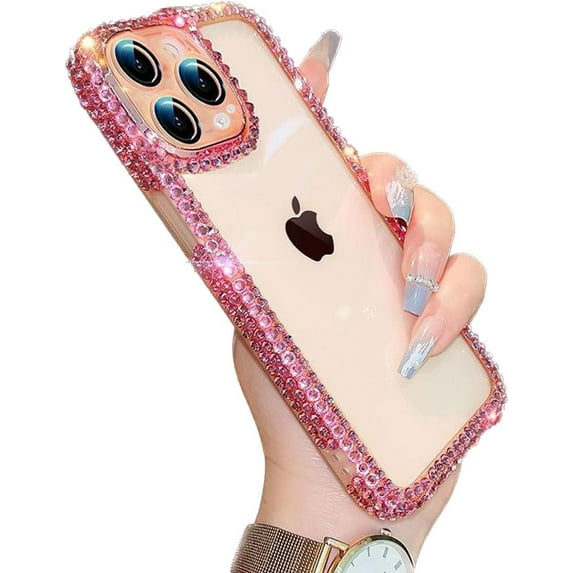 for iPhone 15 Pro Max Bling Clear Case for Women Girly,Cute Glitter Phone Case with Camera Protection Protector,Sparkle Rhinestone Diamond Cover for iPhone 15 Pro Max 6.7 inch (Pink)