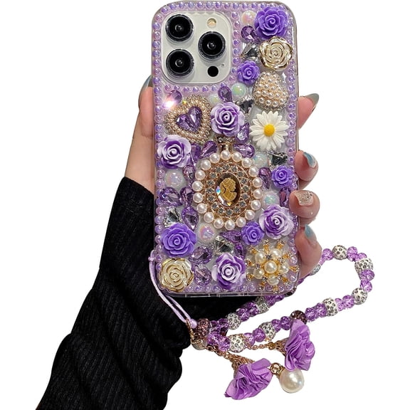 for iPhone 15 Pro Max Bling Diamond Case with Flower Strap, 3D Luxury Sparkle Glitter Crystal Rhinestone Pearl Love Rose Wristband Bracelet Case Cover for Girls Women Kids (Purple)