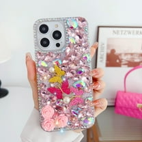 for iPhone 15 Pro Max Bling Glitter Case, Luxury Shiny Diamond Crystal Rhinestone Sparkly Jewelled Gemstone 3D Handmade Clear Cover Case for Women Girls for iPhone 15 Pro Max, Pink