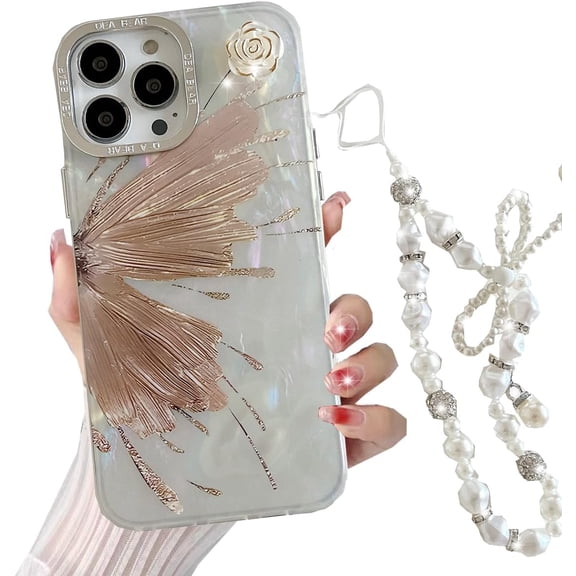 for iPhone 15 Pro Max Butterfly Case, Cute 3D Flower Glitter Bling Translucent Colorful Shell Pattern with Pearl Wrist Strap Soft Silicone Women Girls Case for iPhone 15 Pro Max 6.7" (Gold)