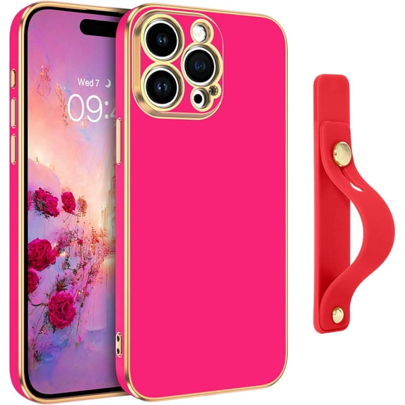 for iPhone 15 Pro Max Case, 15 Pro Max Phone Case with Adjustable Wristband Kickstand Slim Fit Soft TPU Scratch Resistant Shockproof Protective Case for iPhone 15 Pro Max 6.7", Hot Pink