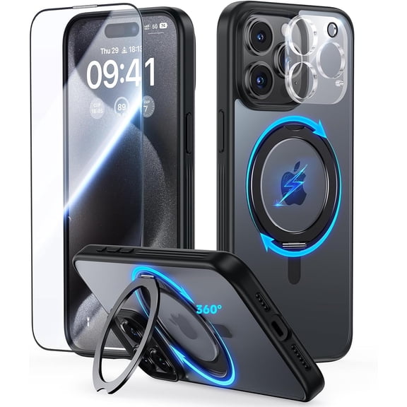 for iPhone 15 Pro Max Case: 360Rotatable Magnetic Stand & Ring Holder with [Rotary Damping Sound], Fit for MagSafe, Military Shockproof Protective Phone Cover 6.7"- TickStand Series Black