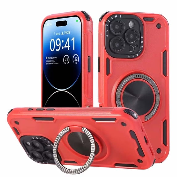 for iPhone 15 Pro Max Case with 360° Rotating Kickstand, Compatible with MagSafe, Hybrid TPU + PC Shockproof Protective Anti-Fall Phone Case, Support Magnetic Car Mount Ring Holder Cover, Red