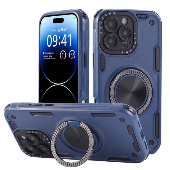 for iPhone 15 Pro Max Case with 360° Rotating Kickstand, Compatible with MagSafe, Hybrid TPU + PC Shockproof Protective Anti-Fall Phone Case, Support Magnetic Car Mount Ring Holder Cover, Blue
