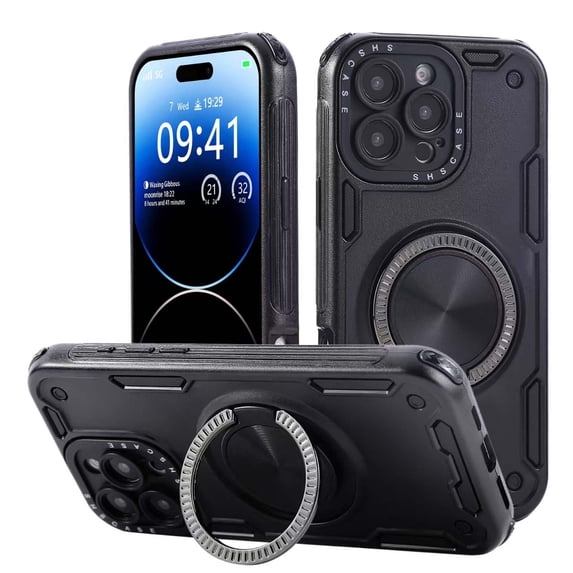 for iPhone 15 Pro Max Case with 360° Rotating Kickstand, Compatible with MagSafe, Hybrid TPU + PC Shockproof Protective Anti-Fall Phone Case, Support Magnetic Car Mount Ring Holder Cover, Black