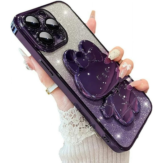 for iPhone 15 Pro Max Case,3D Cute Cartoon Rabbit Makeup Mirror Holder Bling Glitter Cover Electroplate Bumper Transparent Lens Film Women Girls Case for iPhone 15 Pro Max 6.7''