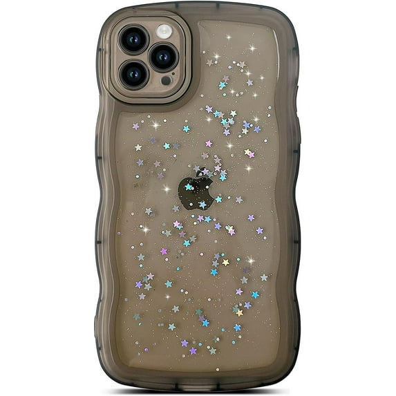for iPhone 15 Pro Max Case 6.7",Curly Wave Design Transparent Bling Glitter Star Shiny Case Cute Clear Transparent Shockproof Protection Soft Phone Cover Case for Women Girls, Black