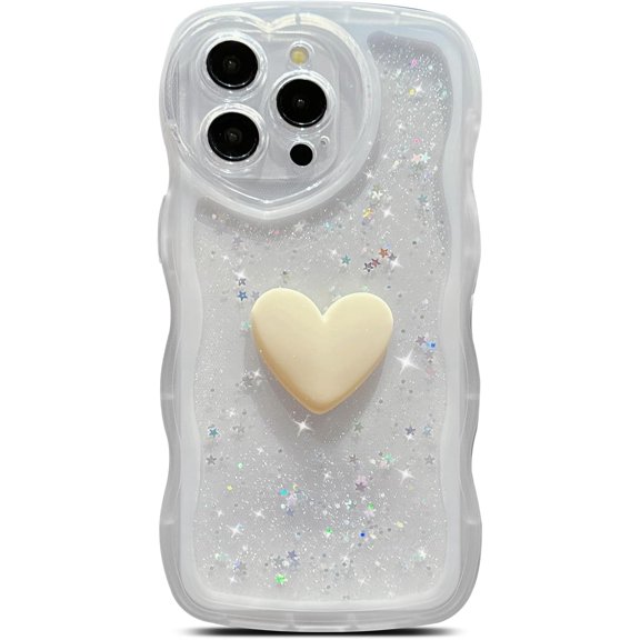 for iPhone 15 Pro Max Case 6.7" Cute 3D Heart Bling Glitter Star Transparent Clear Wavy Curly Camera Cover Shockproof Soft Silicone Non-Slip Protective Cover for Women (White)