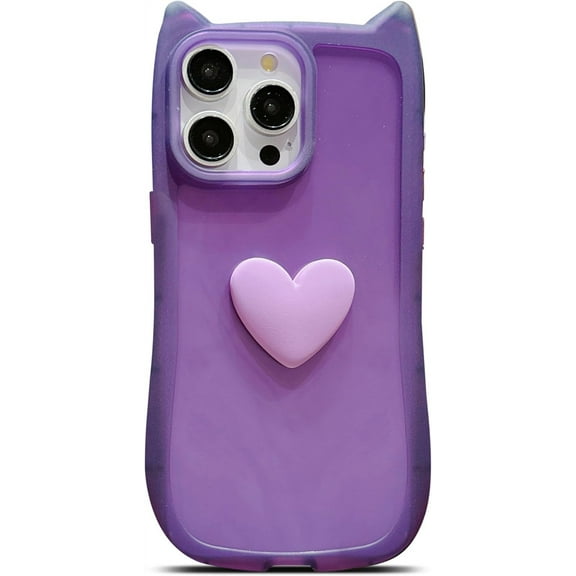 for iPhone 15 Pro Max Case 6.7" Cute 3D Love Heart Kawaii Cat Ear Clear Transparent Soft Silicone Shockproof Protective Arc Edge Bumper Phone Cover for Women (Purple)