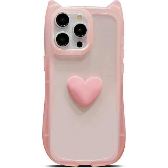 for iPhone 15 Pro Max Case 6.7" Cute 3D Love Heart Kawaii Cat Ear Clear Transparent Soft Silicone Shockproof Protective Arc Edge Bumper Phone Cover for Women (Pink)