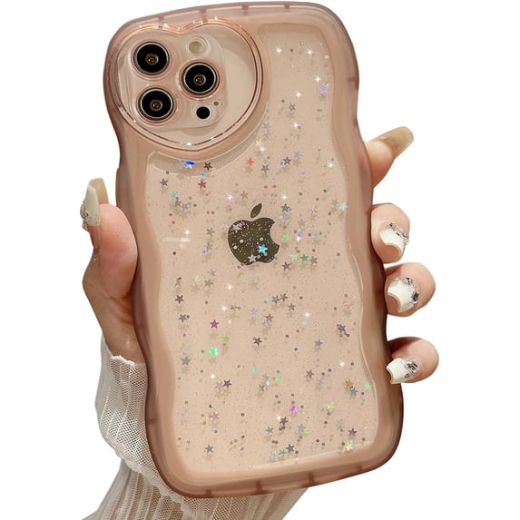 for iPhone 15 Pro Max Case 6.7",Cute Clear Love Heart Camera Sparkly Cover Bling Star Curly Wave Transparent Protection Soft Shockproof Shiny Phone Case for Women Girl,Glitter/Pink