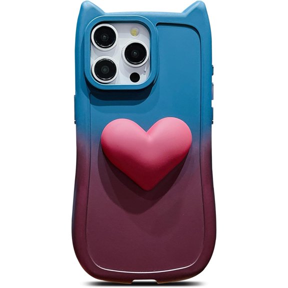 for iPhone 15 Pro Max Case 6.7" for Women Cute 3D Love Heart Kawaii Cat Ear Gradient Color Soft Silicone Shockproof Protective Arc Edge Bumper Aesthetic Phone Cover (Blue Wine Red)