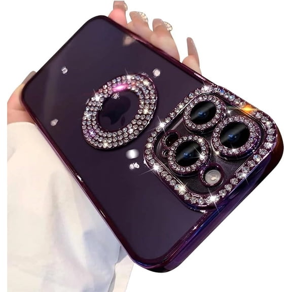 for iPhone 15 Pro Max Case with Bling Glitter Rhinestones Diamond,Clear Cute Sparkly Aesthetic Purple Phone Case,Luxury Plating Electroplate Case for iPhone 15 Pro Max