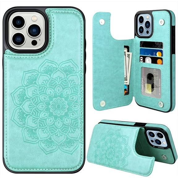 for iPhone 15 Pro Max Case with Card Holder, Flower Magnetic Back Flip Case for iPhone 15 Pro Max Wallet Case for Women, Protective Case Phone Case for iPhone 15 Pro Max,Mint