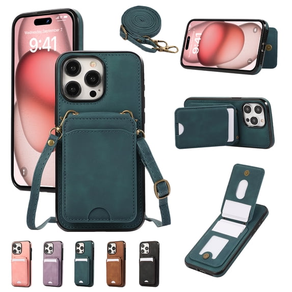 for iPhone 15 Pro Max Case with Card Holder Kickstand Crossbody Strap, PU Leather Wallet Case with Magnetic Closure Heavy Duty Protective Flip Cover for iPhone 15 Pro Max for Men Women, Green