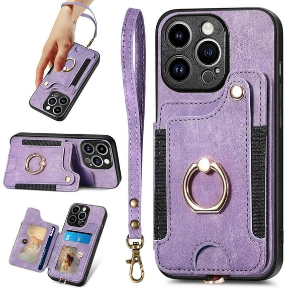 for iPhone 15 Pro Max Case Card Holder,Ring Stand 15 Pro Max Cases 2023,RFID-Blocking Wallet,Camera Lens Protector,Wrist Strap,Leather Protective Flip Cover for Women (Purple)