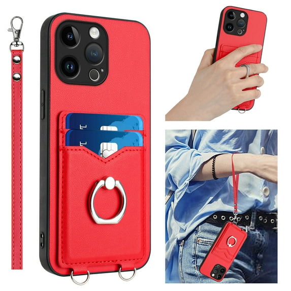 for iPhone 15 Pro Max Case, Card Holder Wallet Case, Ring Holder Stand, Wrist Hand Strap, PU Leather Anti-Scratch Shockproof Protective Flip Phone Cover for iPhone 15 Pro Max Case, Red