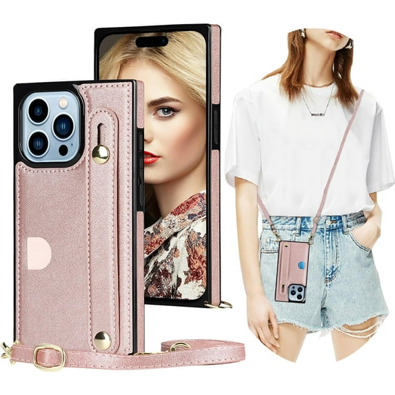for iPhone 15 Pro Max Case with Card Holder for Women, Phone Case Crossbody with Wrist Strap & Removable Adjustable Shoulder Lanyard Cover for iPhone 15 Pro Max KB Rose