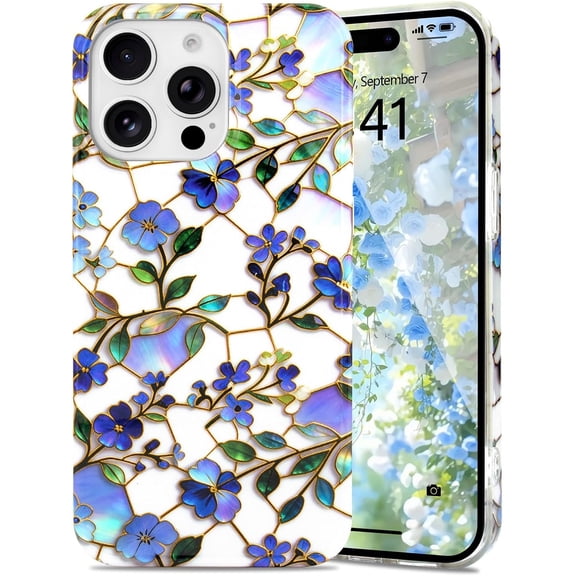 for iPhone 15 Pro Max Case with Chic Floral Design, Cute Aesthetic Flower Magnetic Phone Cover for Women Girls, Stylish Protective Case for iPhone 15 Pro Max, Blue