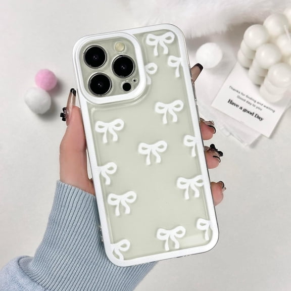 for iPhone 15 Pro Max Case, Clear Cute Bows Ribbon Bowknot Aesthetic Pattern for Women Girls, Transparent Full Camera Protection Slim Soft TPU Protective Cover - White