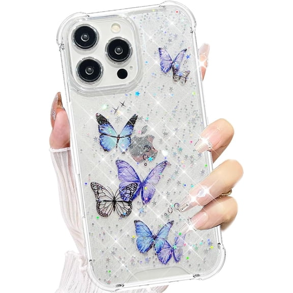 for iPhone 15 Pro Max Case, Clear Glitter with Butterfly Women Girls Cute Flexible Soft TPU Silicone Sparkle Star Shockproof Protective Phone Case Thin Cover for iPhone 15 Pro Max (Purple)