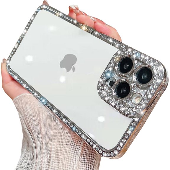for iPhone 15 Pro Max Case Clear Glitter, Luxury Bling Sparkly Diamond Rhinestone Cute Case for Women Girls, Soft TPU Plating Bumper Transparent Slim Case for iPhone 15 Pro Max 6.7" (Silver)