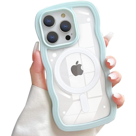 for iPhone 15 Pro Max Case Compatible with MagSafe, Cute Curly Wave Frame Shape Shockproof Soft Magnetic Case for Women Girls Phone Cover (Light Blue)