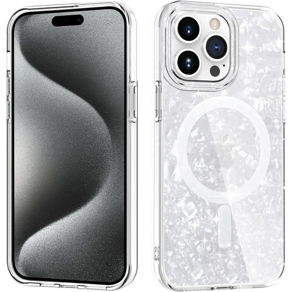 for iPhone 15 Pro Max Case,Compatible with MagSafe,Cute Glitter Pearl Design for Women and Girls, Hard PC Protective Luxury Shockproof Bumper Phone Case for iPhone 15 Pro Max 6.7-inch, White