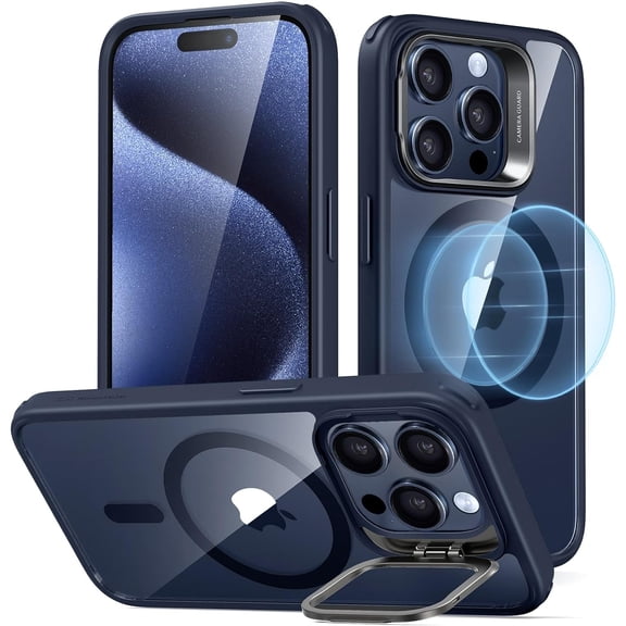 for iPhone 15 Pro Max Case, Compatible with MagSafe, -Grade Protective Case, Built-in Stash Stand Phone Case, Scratch-Resistant Back Cover, Classic Series,Clear Dark Blue