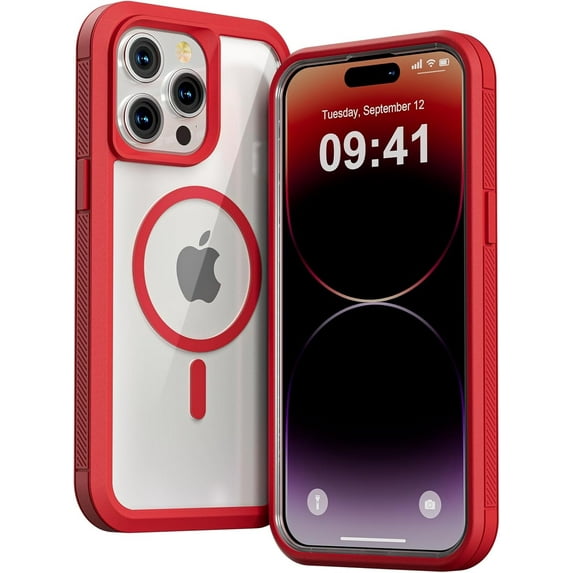 for iPhone 15 Pro Max Case,Compatible with MagSafe,Heavy Duty Shockproof Protection Phone Cases,Double Layer Transparent Magnetic Protective Cover for iPhone 15 Pro Max, 6.7 inch, Red
