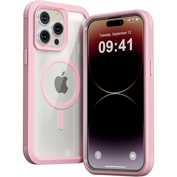 for iPhone 15 Pro Max Case,Compatible with MagSafe,Heavy Duty Shockproof Protection Phone Cases,Double Layer Transparent Magnetic Protective Cover for iPhone 15 Pro Max, 6.7 inch, Pink