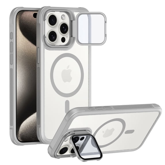 for iPhone 15 Pro Max Case Compatible with MagSafe, Phone Case with Built-in Camera Stash Stand Shockproof & Scratch-Resistant Back Cover Kickstand for iPhone 15 Pro Max, Gray