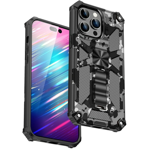 iPhone 15 Pro Max Case Cover for Boys Men, Comouflage Pattern Design Back Case Kickstand Magnetic Compatible with Car Mount Shockproof Bumper Phone Case for Apple iPhone 15 Pro Max - Black