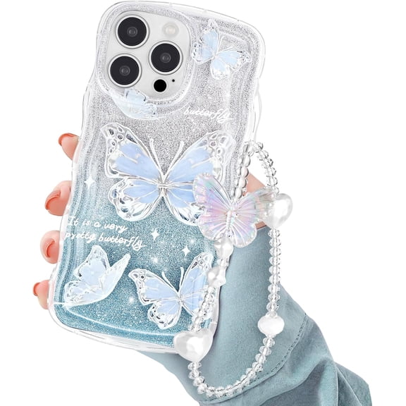 for iPhone 15 Pro Max Case, Cute Butterfly Curly Wave Clear Case with Bracelet Chain for Women Girls Luxury Glitter Soft TPU Shockproof Bumper Protective Cover for iPhone 15 Pro Max-Blue