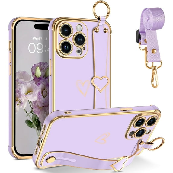 for iPhone 15 Pro Max Case, Cute Heart Wristband Lanyard Cross Body Strap Electroplated Camera Protection Shockproof Protective Case Women Girls for iPhone 15 Pro Max 6.7"-Purple.