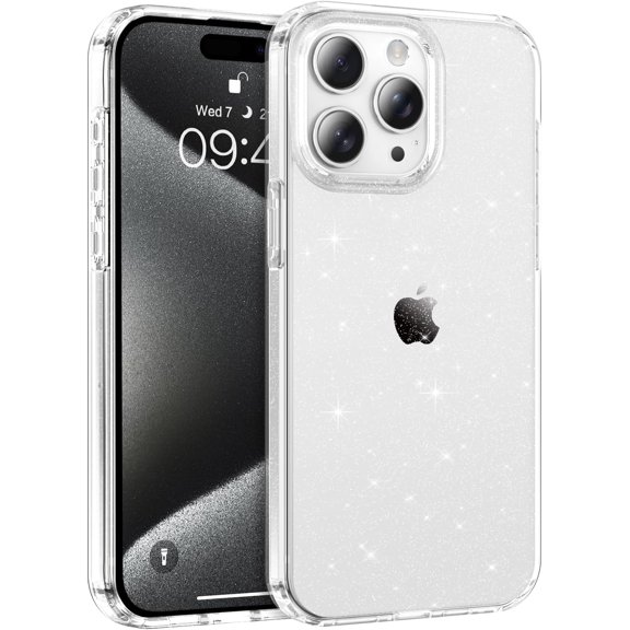 iPhone 15 Pro Max Case, Full Body Wireless Charging Sparkle Blingbling Crystal Transparent Heavy Duty Hybrid Shockproof Drop Protective Phone Cover for Apple iPhone 15 Pro Max, Glitter Clear
