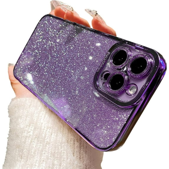 for iPhone 15 Pro Max Case Glitter Bling Aesthetic Women Girl Twinkle Clear Phone case,Cute Sparkle Plating Luxury Camera Protection Case Design for iPhone 15 Pro Max-Purple