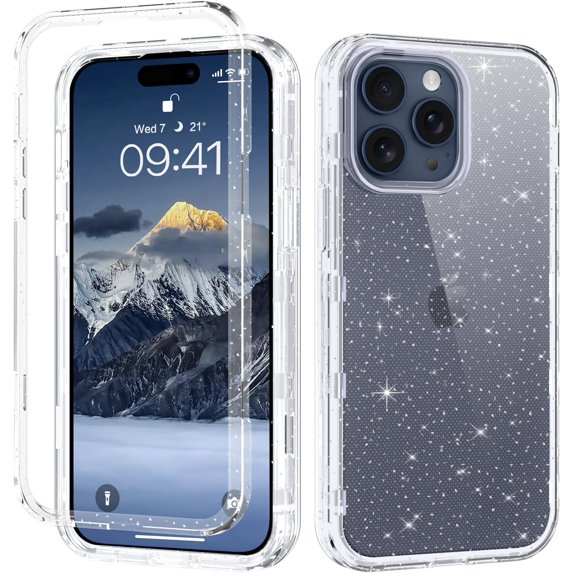 for iPhone 15 Pro Max Case Glitter Full Body Protective 3 in 1 Heavy Duty Hybrid Hard PC Rugged Transparent Bling Sparkle Cover Phone Cases for Apple iPhone 15 Pro Max 6.7", Clear