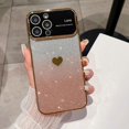 thumbnail image 1 of for iPhone 15 Pro Max Case Glitter, Window Glass Lens Camera Protector, Bling Cute Love Heart Clear Phone Case, Camera Protection Sparkly Plated Soft Back Cover for Women Girls - Gold, 1 of 11