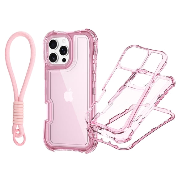 For iPhone 15 Pro Max Case, Hybrid Rubber Heavy Duty Shockproof Protection Phone Cases with Lanyard, Anti-Drop, Dual Layer Transparent Protective Cover Compatible with iPhone 15 Pro Max,Pink