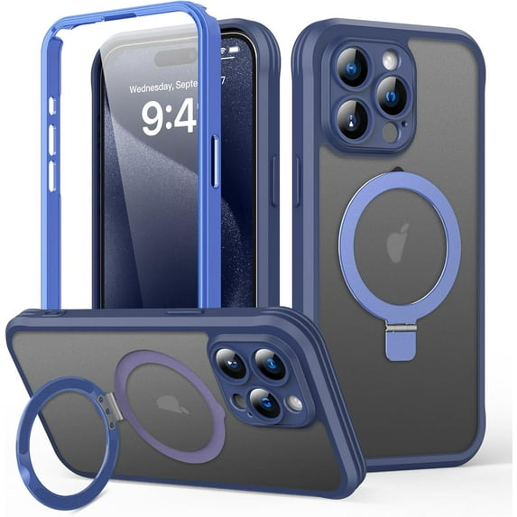 for iPhone 15 Pro Max Case with Invisible Magnetic Stand, Compatible with Mag-Safe Translucent Matte with Built-in Screen Protector, Shockproof Protective Case for Women Men, Dark Blue