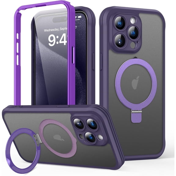 for iPhone 15 Pro Max Case with Invisible Magnetic Stand, Compatible with Mag-Safe Translucent Matte with Built-in Screen Protector, Shockproof Protective Phone Case for Women Men, Purple