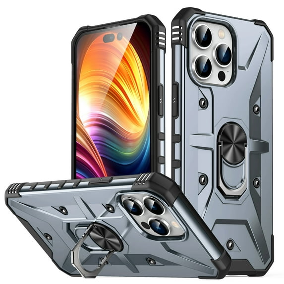 for iPhone 15 Pro Max Case with Invisible Ring Stand, Military Grade Drop Protection Support Car Mount Holder, Heavy Duty Shockproof Phone Cover for iPhone 15 Pro Max, Gray